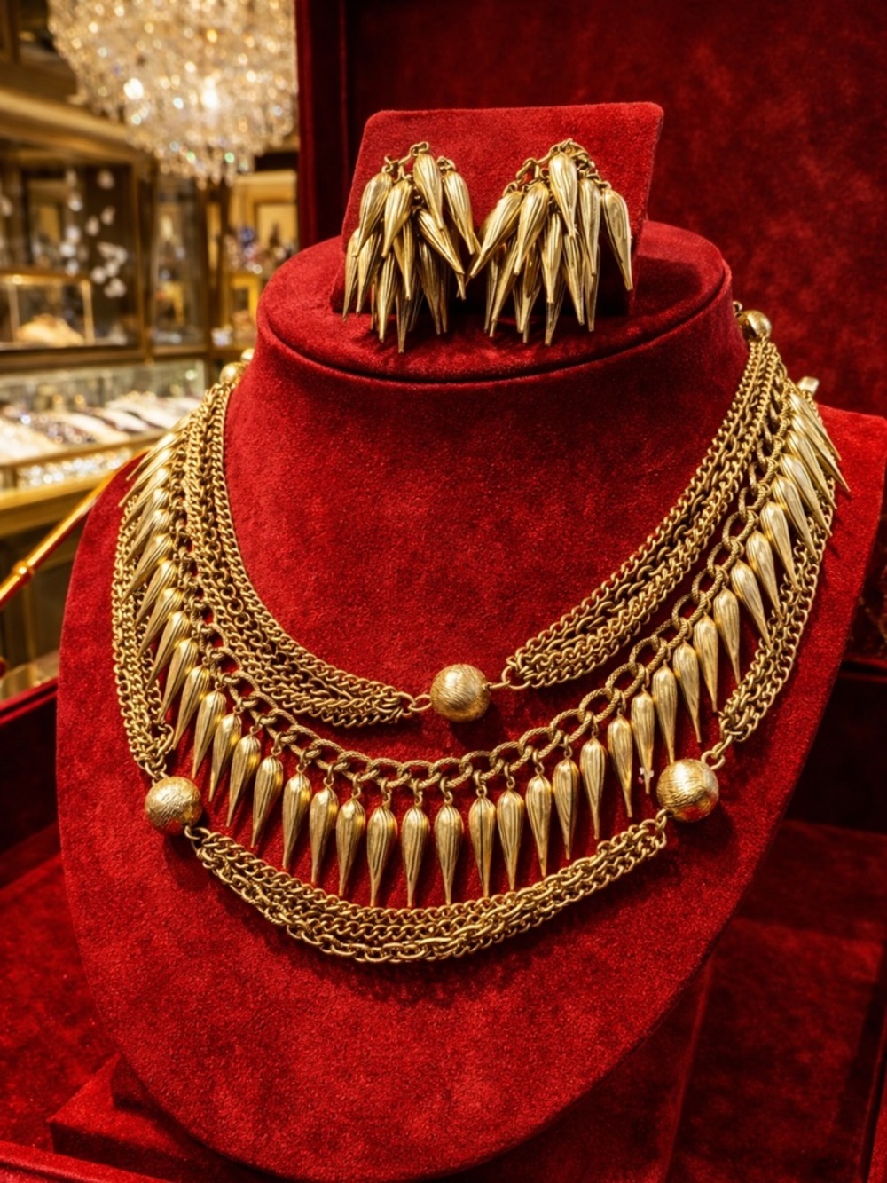 Vintage French Gold tone Unique one of a kind Necklace Clip Earrings set